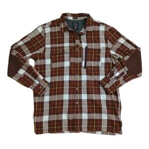 Wrangler ATG Flannel Shirt Mens Large Red White Plaid Long Sleeve Patch Elbow